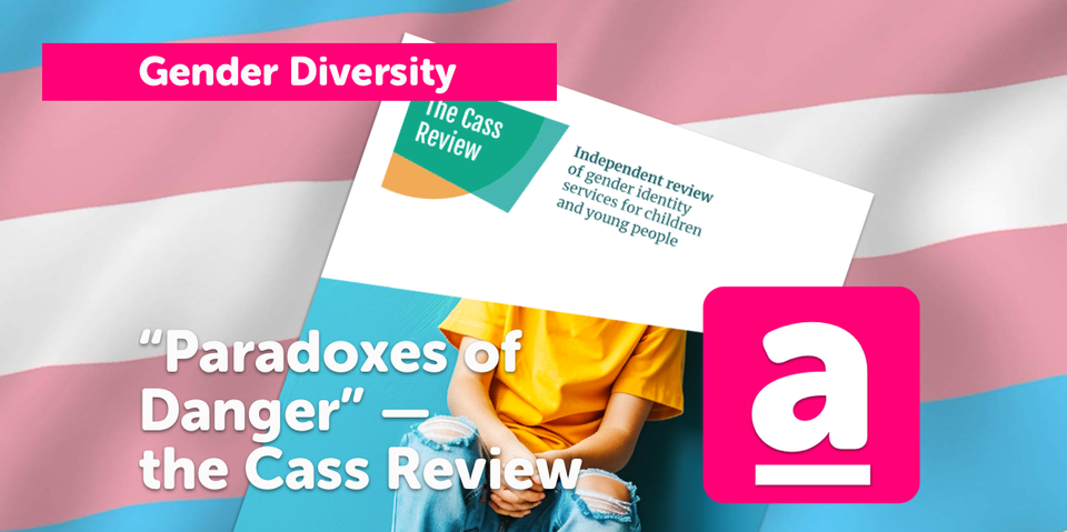 A pink, white & blue Trans flag with the cover of the Cass Review over it.