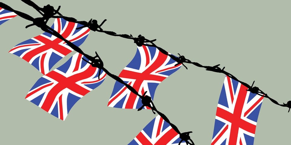 A full colour illustration of Union Jack flags hanging from strands of barbed wire set against a pale green/grey background